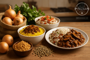 سه ظرف غذا به همراه مواد اولیه آن روی میز قرار گرفته است.